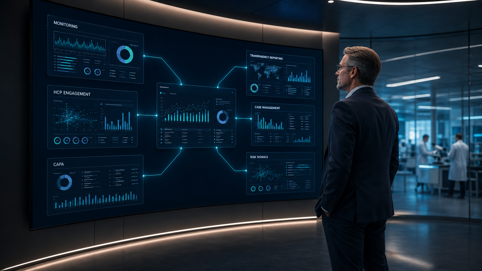 Commercial compliance software dashboard for life sciences showing monitoring, HCP engagement, transparency reporting, CAPA, case management, and risk signals