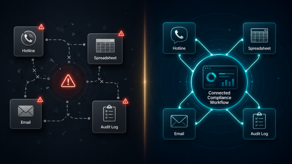 Connected compliance workflow for investigations, audits, monitoring, and remediation
