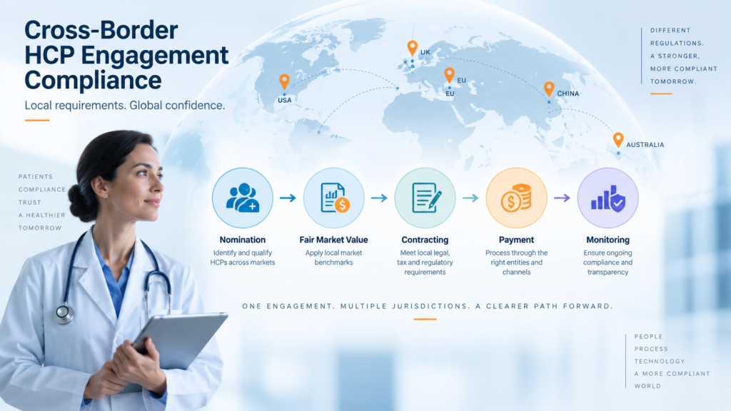 Cross-border HCP engagement lifecycle covering nomination, FMV, contracting, payments, and monitoring