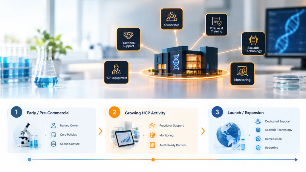 Small biotech compliance maturity stages from pre-commercial to launch and expansion